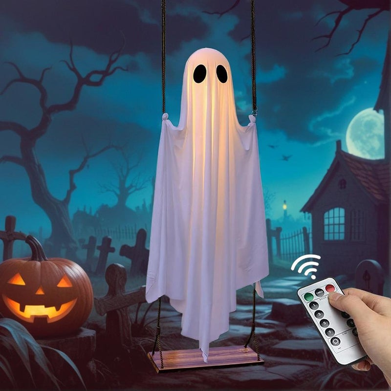 5 FT Large Hanging Swing Ghost Halloween Decor with Led Lights,2026 Spooky Cute Ghosts Decorations for Front Porch Yard Tree,Adjustable Light-Up Swing Ghost,Remote Control,Halloween Decoration Outdoor - Image 1